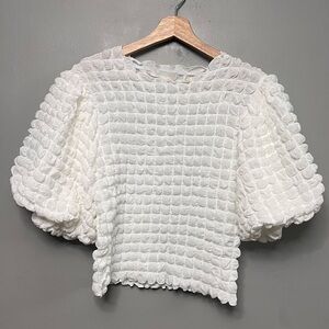 Eri + Ali Women’s Textured Square White Bohemian Puff Sleeves Blouse Size Medium